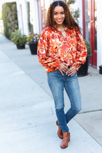 Load image into Gallery viewer, Fall Vibes Rust Floral Print Notched Neck Smocked Satin Top
