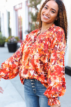 Load image into Gallery viewer, Fall Vibes Rust Floral Print Notched Neck Smocked Satin Top
