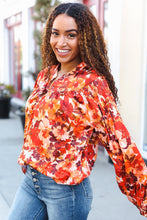 Load image into Gallery viewer, Fall Vibes Rust Floral Print Notched Neck Smocked Satin Top
