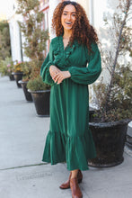 Load image into Gallery viewer, Beautiful You Holiday Green Overlap Ruffle V Neck Midi Dress
