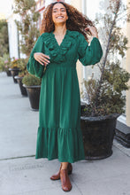 Load image into Gallery viewer, Beautiful You Holiday Green Overlap Ruffle V Neck Midi Dress
