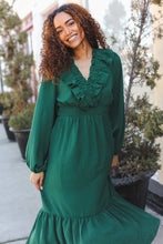 Load image into Gallery viewer, Beautiful You Holiday Green Overlap Ruffle V Neck Midi Dress
