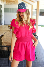 Load image into Gallery viewer, Feeling Femme&#39; Fuchsia Smocked Waist V Neck Flutter Sleeve Romper
