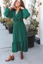 Load image into Gallery viewer, Beautiful You Holiday Green Overlap Ruffle V Neck Midi Dress
