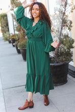 Load image into Gallery viewer, Beautiful You Holiday Green Overlap Ruffle V Neck Midi Dress
