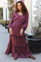 Load image into Gallery viewer, Holiday Vibes Wine Satin Front Overlap Smocked Back Maxi Dress
