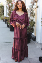 Load image into Gallery viewer, Holiday Vibes Wine Satin Front Overlap Smocked Back Maxi Dress
