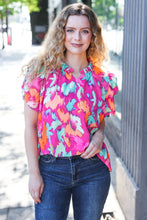 Load image into Gallery viewer, Summer Vibes Fuchsia Abstract Print Frill Notch Neck Puff Sleeve Top
