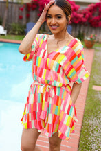 Load image into Gallery viewer, Eyes On You Coral &amp; Yellow Geo Abstract Surplice Woven Romper
