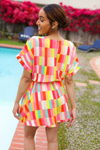 Load image into Gallery viewer, Eyes On You Coral &amp; Yellow Geo Abstract Surplice Woven Romper
