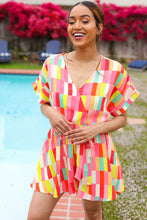 Load image into Gallery viewer, Eyes On You Coral &amp; Yellow Geo Abstract Surplice Woven Romper
