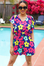 Load image into Gallery viewer, Feeling Bold Navy &amp; Fuchsia Flat Floral Smocked Waist Flutter Sleeve Romper
