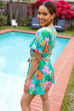 Load image into Gallery viewer, Tropical Vibes Turquoise Floral Surplice Tie Waist Romper
