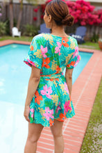 Load image into Gallery viewer, Tropical Vibes Turquoise Floral Surplice Tie Waist Romper
