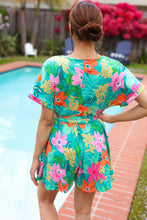 Load image into Gallery viewer, Tropical Vibes Turquoise Floral Surplice Tie Waist Romper
