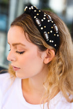 Load image into Gallery viewer, Black Stone &amp; Gem Football Embellished Top Knot Headband
