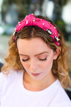 Load image into Gallery viewer, Fuchsia Stone &amp; Gem Football Embellished Top Knot Headband
