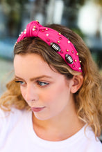 Load image into Gallery viewer, Fuchsia Stone &amp; Gem Football Embellished Top Knot Headband
