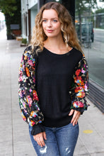 Load image into Gallery viewer, Diva Dreams Black Floral Sequin Mesh Sleeve Rib Knit Top
