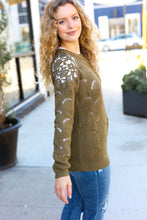 Load image into Gallery viewer, Casual Chic Olive Pointelle Lace Shoulder Knit Sweater
