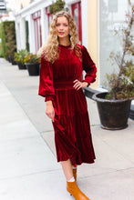 Load image into Gallery viewer, Holiday Dreaming Burgundy Velvet Mock Neck Smocked Waist Dress
