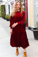 Load image into Gallery viewer, Holiday Dreaming Burgundy Velvet Mock Neck Smocked Waist Dress
