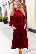 Load image into Gallery viewer, Holiday Dreaming Burgundy Velvet Mock Neck Smocked Waist Dress
