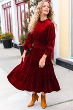 Load image into Gallery viewer, Holiday Dreaming Burgundy Velvet Mock Neck Smocked Waist Dress
