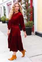 Load image into Gallery viewer, Holiday Dreaming Burgundy Velvet Mock Neck Smocked Waist Dress
