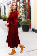 Load image into Gallery viewer, Holiday Dreaming Burgundy Velvet Mock Neck Smocked Waist Dress
