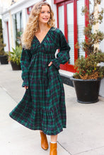 Load image into Gallery viewer, All I Want Hunter Green Plaid Elastic V Neck Tiered Maxi Dress
