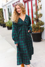 Load image into Gallery viewer, All I Want Hunter Green Plaid Elastic V Neck Tiered Maxi Dress
