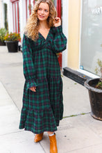 Load image into Gallery viewer, All I Want Hunter Green Plaid Elastic V Neck Tiered Maxi Dress
