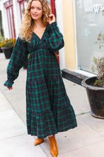 Load image into Gallery viewer, All I Want Hunter Green Plaid Elastic V Neck Tiered Maxi Dress
