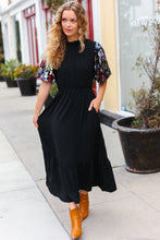 Load image into Gallery viewer, Black Floral Sequin Puff Sleeve Mock Neck Tiered Maxi Dress
