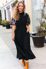 Load image into Gallery viewer, Black Floral Sequin Puff Sleeve Mock Neck Tiered Maxi Dress
