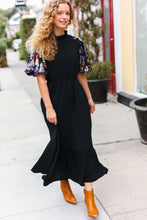 Load image into Gallery viewer, Black Floral Sequin Puff Sleeve Mock Neck Tiered Maxi Dress
