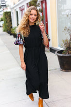 Load image into Gallery viewer, Black Floral Sequin Puff Sleeve Mock Neck Tiered Maxi Dress
