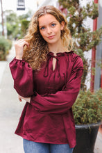 Load image into Gallery viewer, Holiday Vibes Burgundy Frill Detail Tie Neck Satin Top
