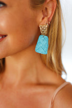 Load image into Gallery viewer, Azure &amp; Gold Geometric Raffia Woven Earrings
