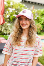 Load image into Gallery viewer, Baby Pink Glitter Smiley Face Mesh Trucker Hat
