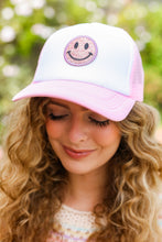 Load image into Gallery viewer, Baby Pink Glitter Smiley Face Mesh Trucker Hat
