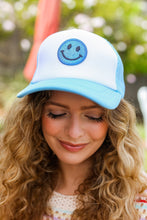 Load image into Gallery viewer, Baby Blue Glitter Smiley Face Mesh Trucker Hat
