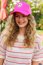 Load image into Gallery viewer, Neon Pink Glitter Smiley Face Mesh Trucker Hat
