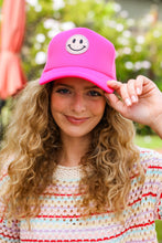 Load image into Gallery viewer, Neon Pink Glitter Smiley Face Mesh Trucker Hat
