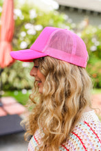 Load image into Gallery viewer, Neon Pink Glitter Smiley Face Mesh Trucker Hat
