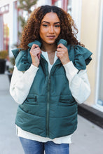 Load image into Gallery viewer, Feeling Festive Hunter Green Zipper Up Quilted Ruffle Sleeve Puffer Vest
