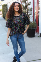 Load image into Gallery viewer, Holiday Ready Black Velvet Multicolor Sequin Puff Sleeve Top
