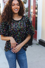 Load image into Gallery viewer, Holiday Ready Black Velvet Multicolor Sequin Puff Sleeve Top
