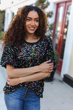 Load image into Gallery viewer, Holiday Ready Black Velvet Multicolor Sequin Puff Sleeve Top
